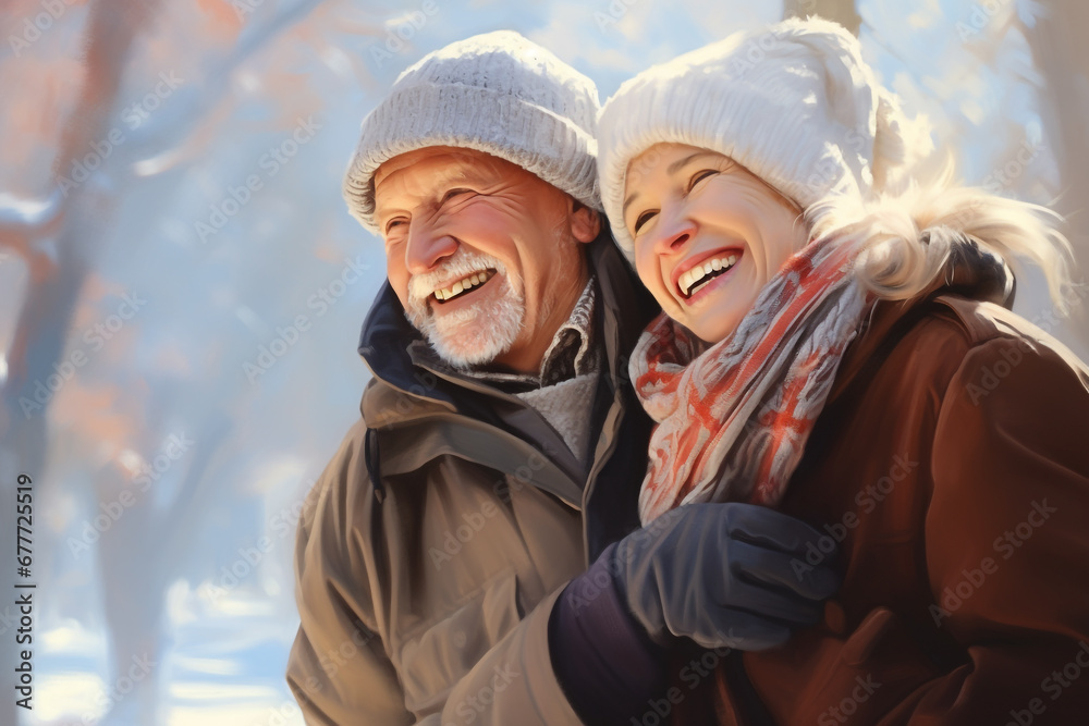 Happy senior couple in winter 