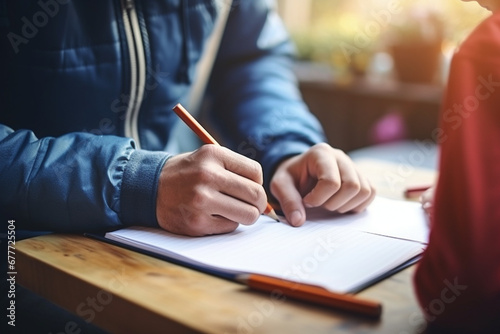 A close-up of a father's hands helping a child with homework or engaging in educational activities, creativity with copy space