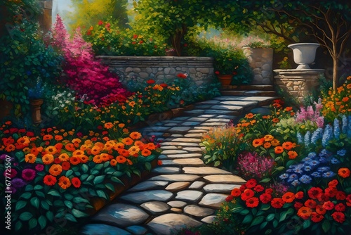 A garden bursting with colorful flowers, bordered by an old stone pathway and surrounded by lush foliage