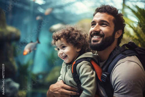 Father and child enjoying a day at the zoo or aquarium, capturing the excitement of exploring wildlife, creativity with copy space