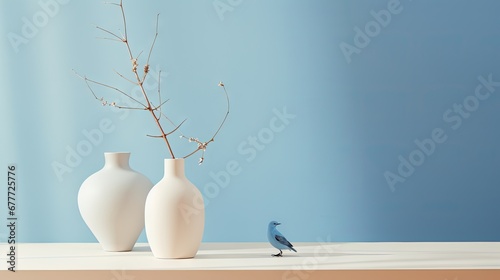  a couple of white vases sitting on top of a table next to a small bird sitting on a table next to a vase with a twig in it. generative ai