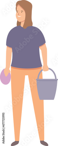 Girl with bucket and cleaning cloth icon cartoon vector. Ready for house cleaning. Domestic household clean