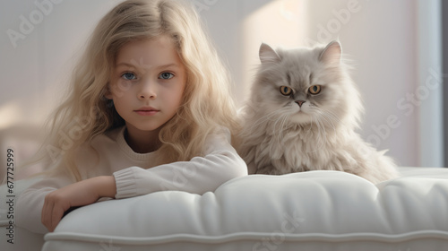 Close up of a little caucaasian pretty girl with a fluffy beautiful cat, lovely pet, frendship with pets. Indors home background.Cute little cat.  photo