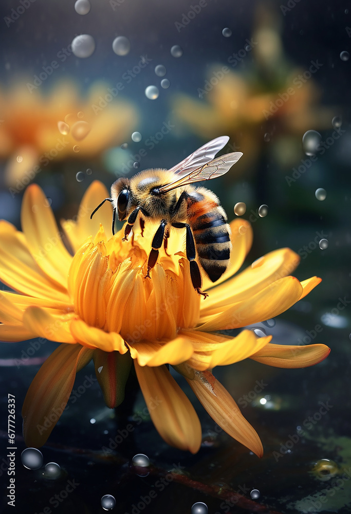 Naklejka premium bee sitting next to yellow flower and drop AI Generated Image