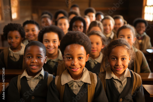 A heartwarming scene unfolds as a group of enthusiastic African kids engage in a classroom setting.