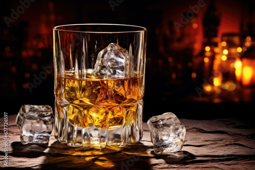 whiskey with ice on a wooden table.