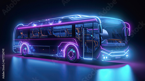 Electric bus in neon, futuristic banner on dark background.