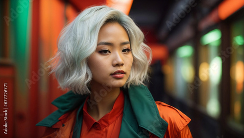Ritratto di una giovane ragazza asiatica, giapponese, cinese, coreana con capelli bianchi su uno sfondo futuristico verde e arancione di notte 