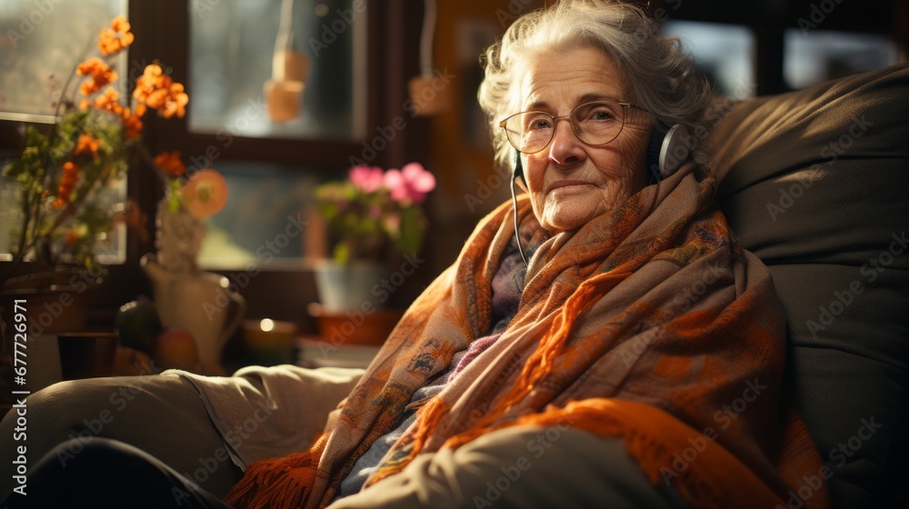Home care: An elderly person is sitting on the sofa. He may be watching TV or reading to pass the time.