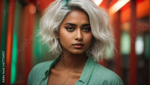 Ritratto di una giovane ragazza asiatica, indiana con capelli bianchi  su uno sfondo futuristico verde e arancione di notte photo