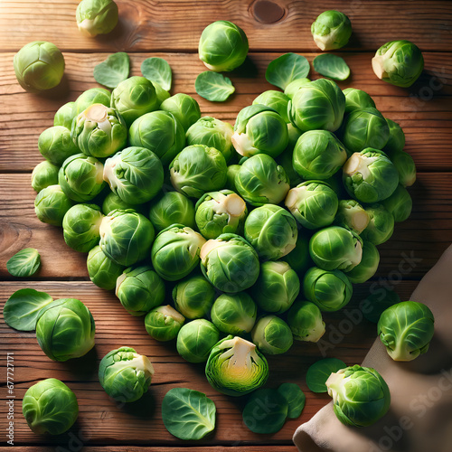 A photo-realistic image of fresh Brussels sprouts arranged in a heart shape on a wooden kitchen table