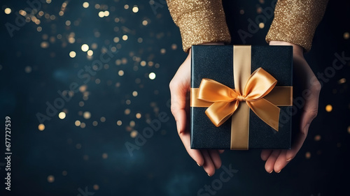Woman hands holding elegant present gift box with golden ribbon on navy blue background with gold bokeh © vejaa