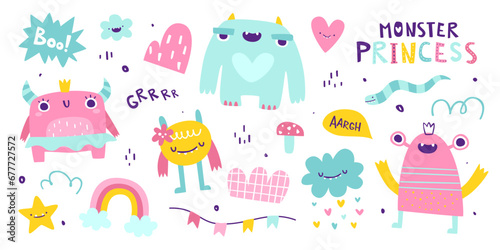 Set of cute monster girls. Vector collection of girly beasts for kids. Pink doodle monsters sticker bundle for baby girls. photo