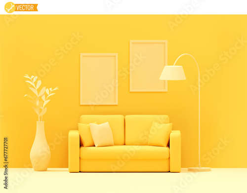 Vector yellow sofa on yellow background. Minimal style living room, sofa, plant, floor lamp. Cozy apartment illustration with copy space