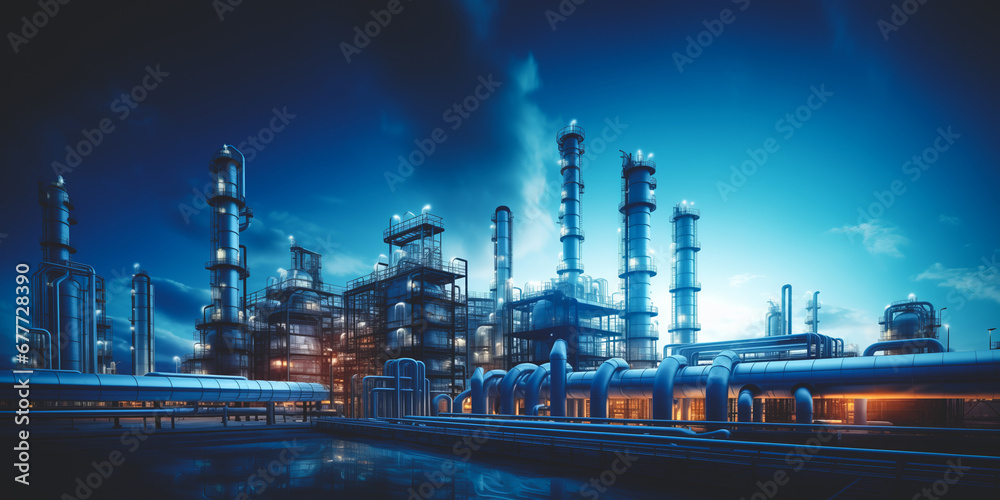 Industrial pipeline, oil and gas factory, blue color with sun ligh. Industry energy banner.
