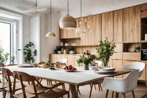 a Scandinavian dining room with a built-in buffet or sideboard © ayesha