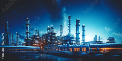 Industrial pipeline, oil and gas factory, blue color with sun ligh. Industry energy banner. © Adin