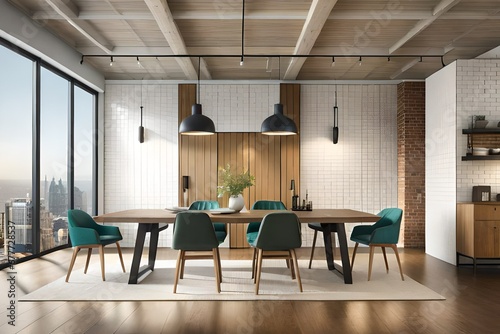 an industrial-style dining room with pops of vibrant color through decor and accessories