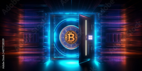 Gold Safe deposit with bitcoin logo. Concept symbol of cryptocurrency safety in internet blockchain virtual. Copy space banner photo
