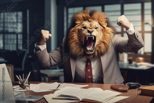 Concept furious lion businessman shouts and growls at meeting at his subordinates, throws paper. Expired contracts, boss beast in meet room. © Adin