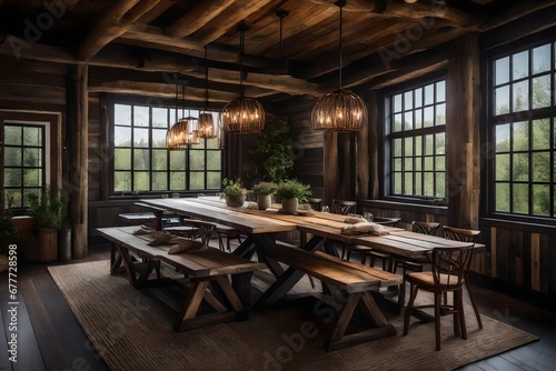 a cozy and rustic dining area with reclaimed wood furniture