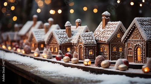 Christmas gingerbread village town on white snow. Christmas night gingerbread houses on snowy winter light background.