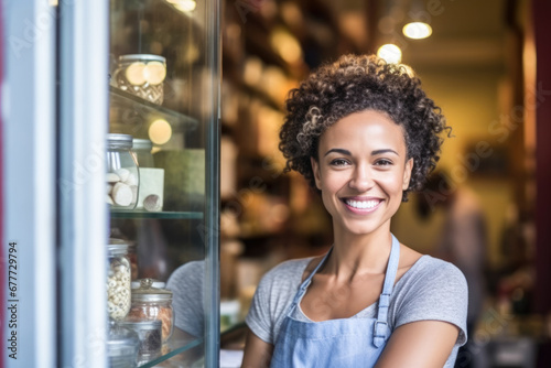 Shop Owner's Smiles of Achievement. Her hard work pays off as she proudly opens her store.