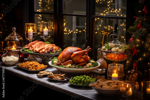 Traditional festive food for xmas or Thanksgiving. Christmas turkey on dark background