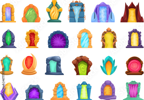 Magic portal icons set cartoon vector. Alien teleport. Planet game level