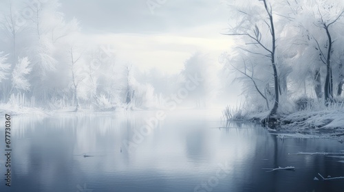 pond season white foggy frozen illustration snow beautiful, frost scenic, wood blue pond season white foggy frozen