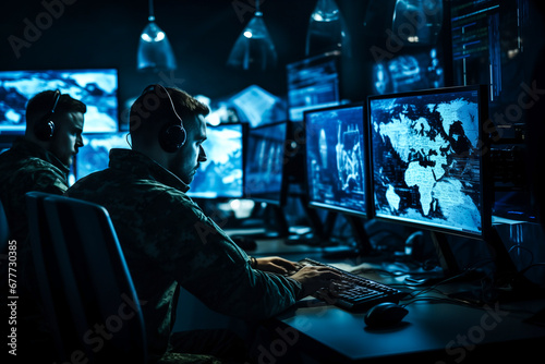 Military operator surveillance use computer for control security drone or air strike to in city. Concept cyber command post of army photo