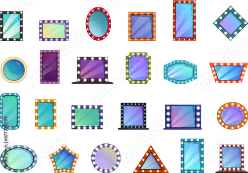 Theater makeup mirror icons set cartoon vector. Dressing room. Mirror light cosmetic