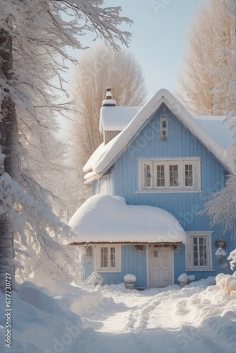 house in the snow, winter cottage house, magic cozy winter, village, at the country, ai generated, langscape, photo