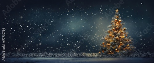  a christmas tree is lit up in the dark with snow falling on the ground and a star on top of it. © Jevjenijs