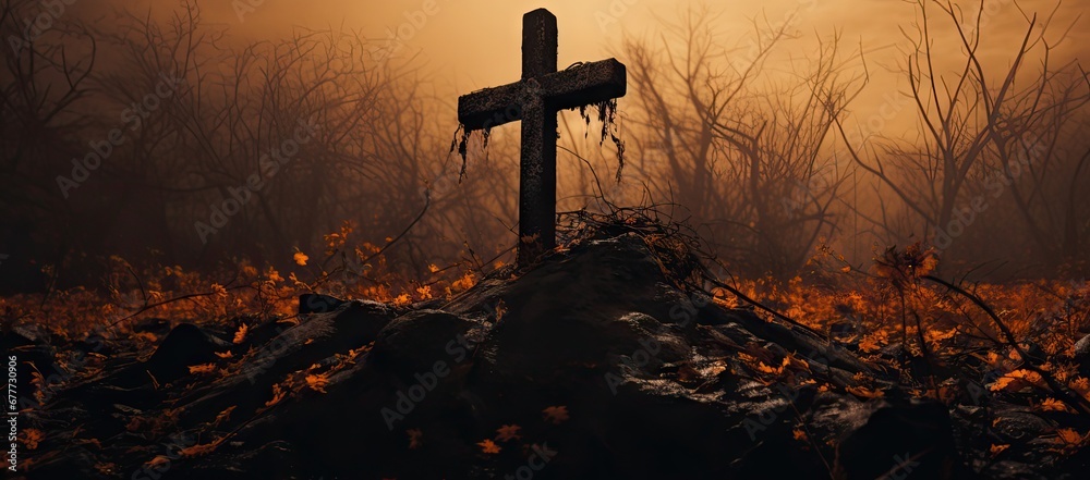  a crucifix in the middle of a field with trees in the background and a foggy sky.