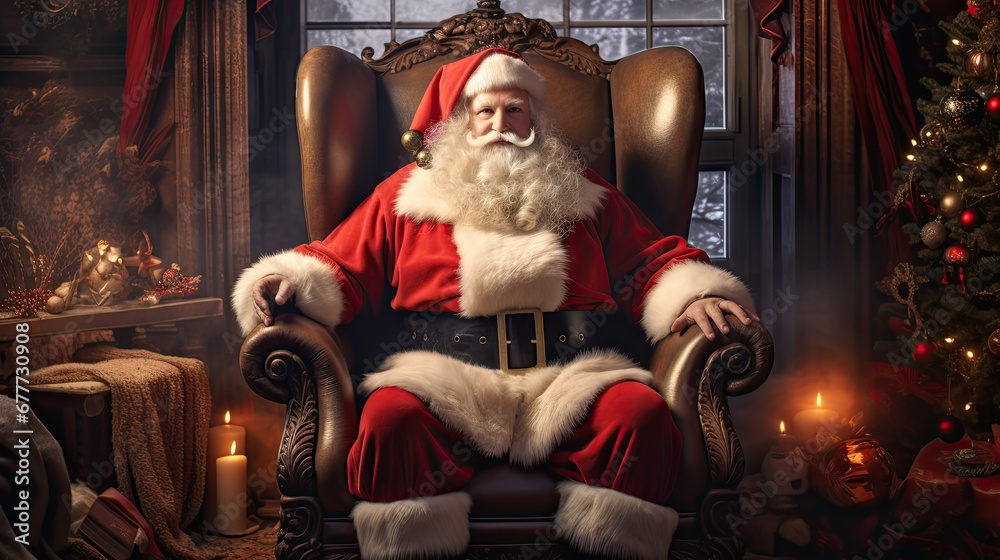  a man dressed as santa claus sitting in a chair in front of a christmas tree with a lit candle in his hand and a christmas tree in front of him.  generative ai