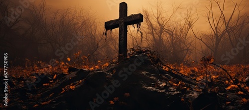  a crucifix in the middle of a field with trees in the background and a foggy sky.