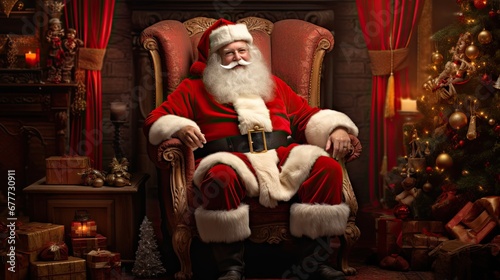  a man dressed as santa claus sitting in a chair in front of a christmas tree with presents on the floor and a christmas tree in the corner of the room. generative ai