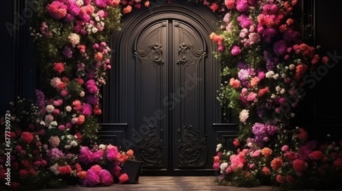  a doorway with a bunch of flowers on the side of it and a potted plant on the other side of the door that is surrounded by pink and purple flowers. generative ai