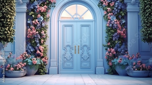  a blue door with a bunch of flowers on the side of it and potted plants on the side of the door and a vase of flowers on the side of the door.  generative ai