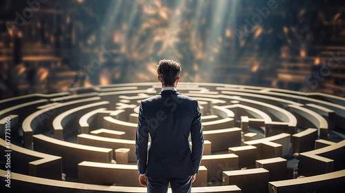 challenge business.backview business Man facing labyrinth challenge in maze businessman in labyrinth