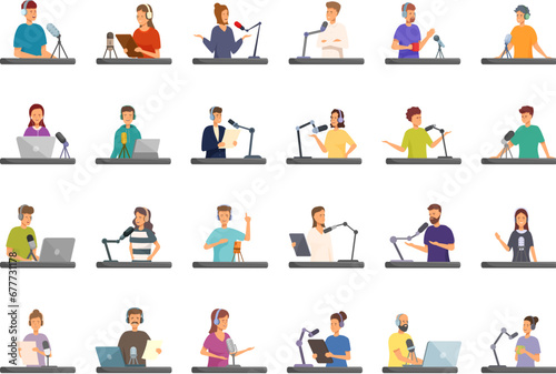 Blogger interview icons set cartoon vector. Network live. Interview media video