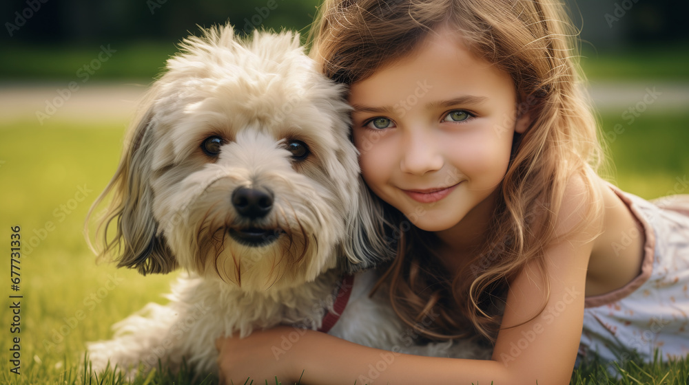 Close up of a little pretty girl hugs a fluffy beautiful dog, lovely pet, frendship with pets. Outdor background. Cute dog. Close up of a little pretty girl hugs a fluffy beautiful dog, lovely pet, frendship with pets. Outdor background. Cute dog.