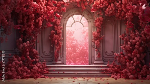  a room filled with lots of red flowers next to a doorway with a light at the end of the room and a set of steps leading to a doorway that leads to another room.  generative ai photo