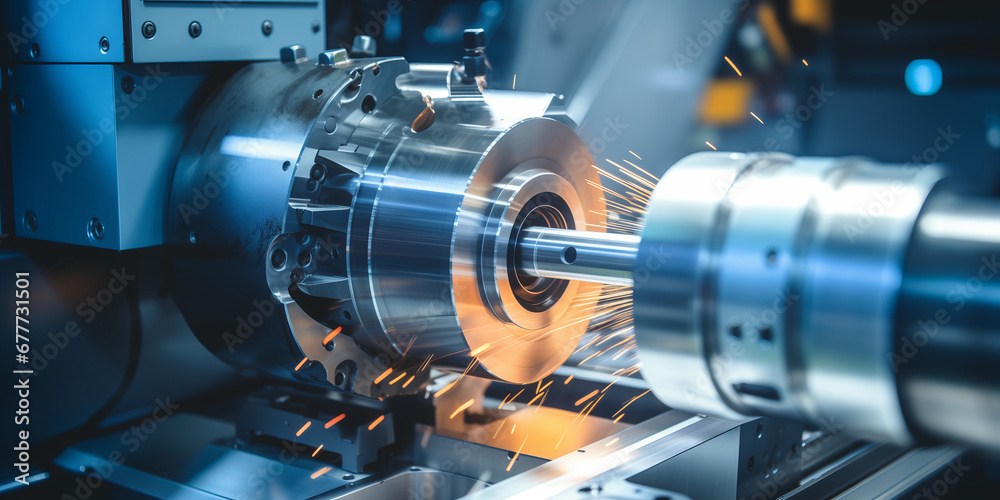 Fototapeta premium CNC turning drill milling factory processes steel turbine part process. Metal machine tools industry banner
