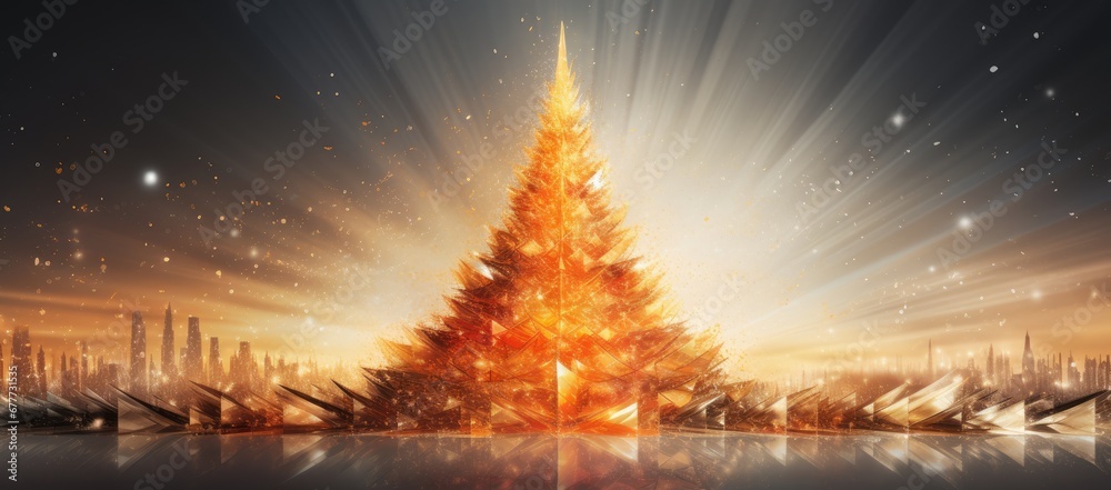  a brightly lit christmas tree in front of a cityscape with a reflection of the city in the water.