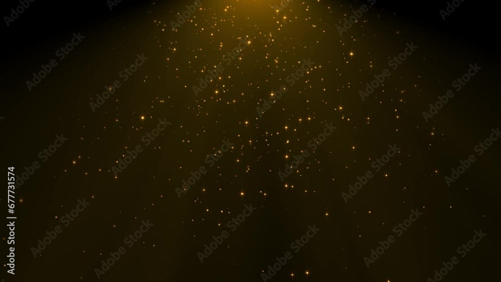 golden glitter particles and shining stars falling and light flare, new year and christmas 4k motion background template