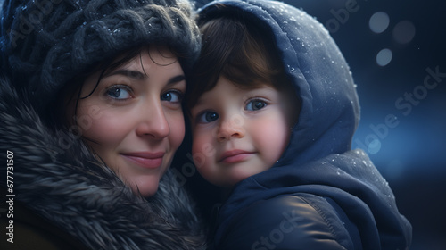 Happy smiling mother and child in winter, mother and child love, mother and child in winter, mother and child in the snow, family in the snow, family outdoors, mother holding a child outdoors © Neat Design Studio