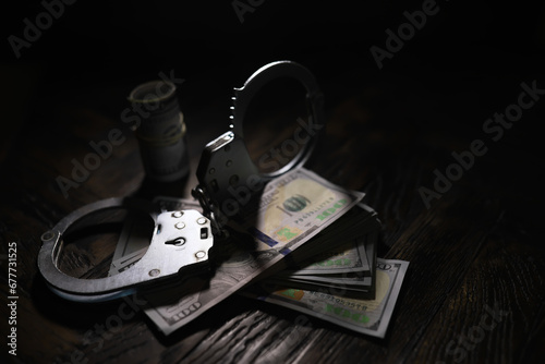 Hands of a fraudster with handcuffs on a background of us dollars. Fraud, cyber crime concept. Arrest of an entrepreneur in the workplace.