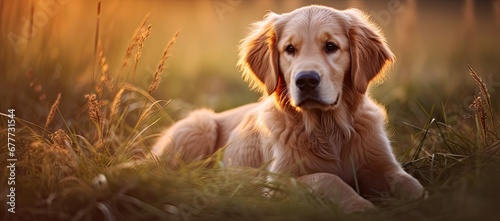  a close up of a dog laying in a field of grass with the sun shining on it's face. photo